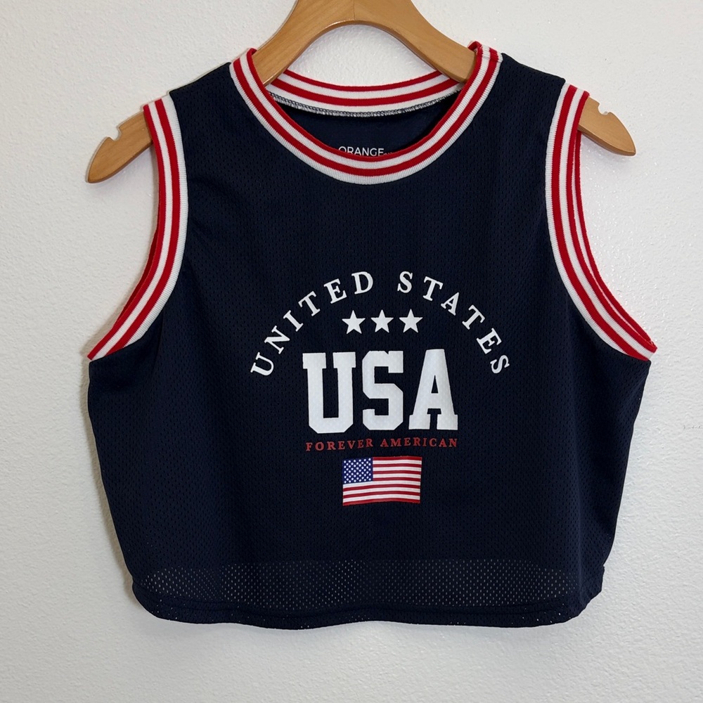 USA Navy Red White Sleeveless Mesh Crop Top